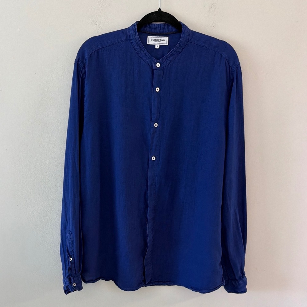 Europann Saint-Tropez Mens Royal Blue 100% Linen Mandarin Collar Shirt Size 4 XL